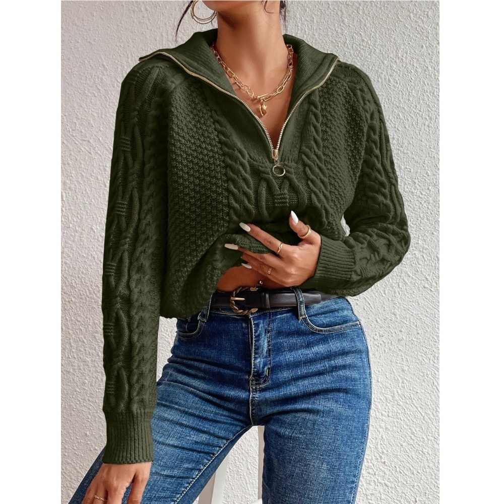 Army Green Cable Knit Zip Detail Pullover Sweater